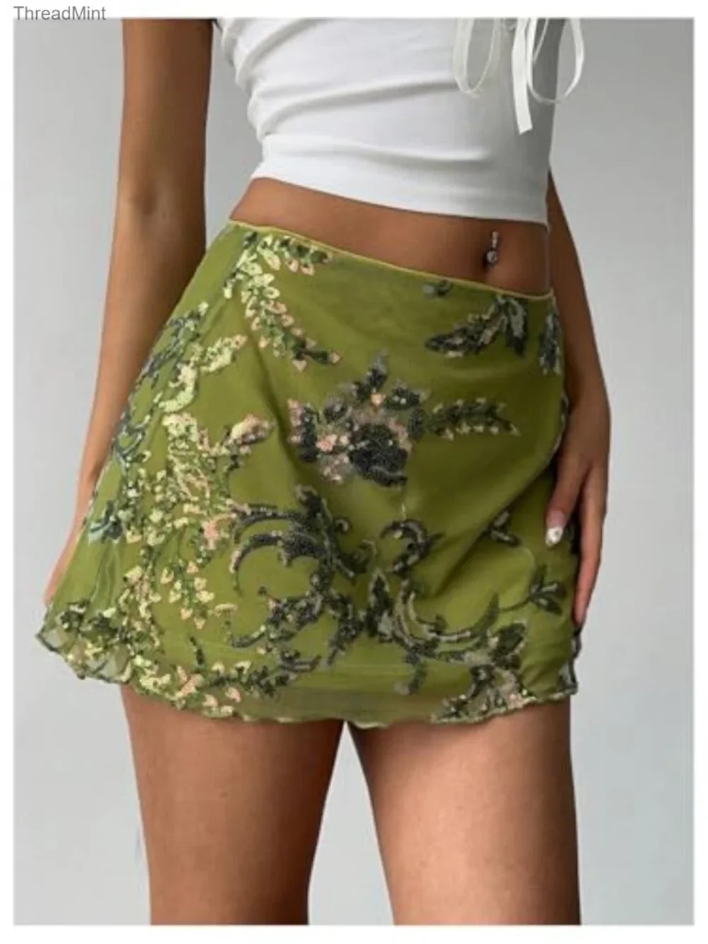 Sequin Mini Skirt Embroidered Low Rise A-Line Stretch Party Wear